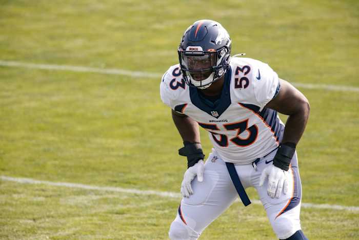 Aug 21, 2020; Englewood, Colorado, USA; Denver Broncos linebacker Malik Carney (53) during training camp at the UCHealth Training Center. Mandatory Credit: Isaiah J. Downing-USA TODAY Sports